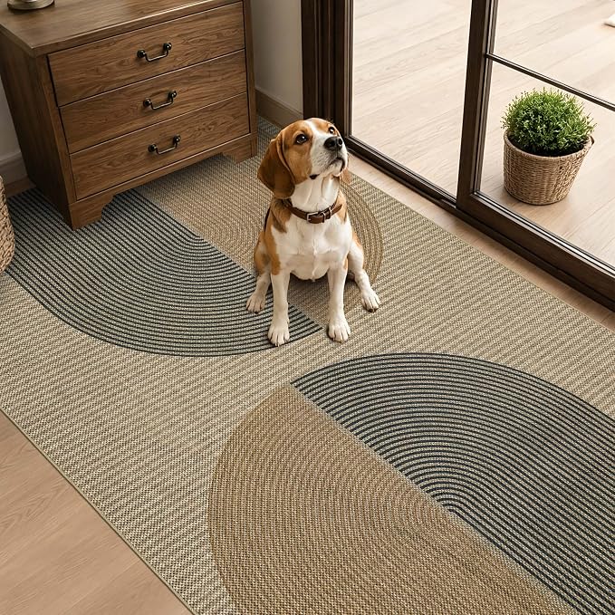 Non-Slip Jute Rug for Entryway: 3x5 Outdoor Mat - Rainbow Curve Pattern | Safe Walking for Family All Day and Help with Cutting Slip Falls by 70%