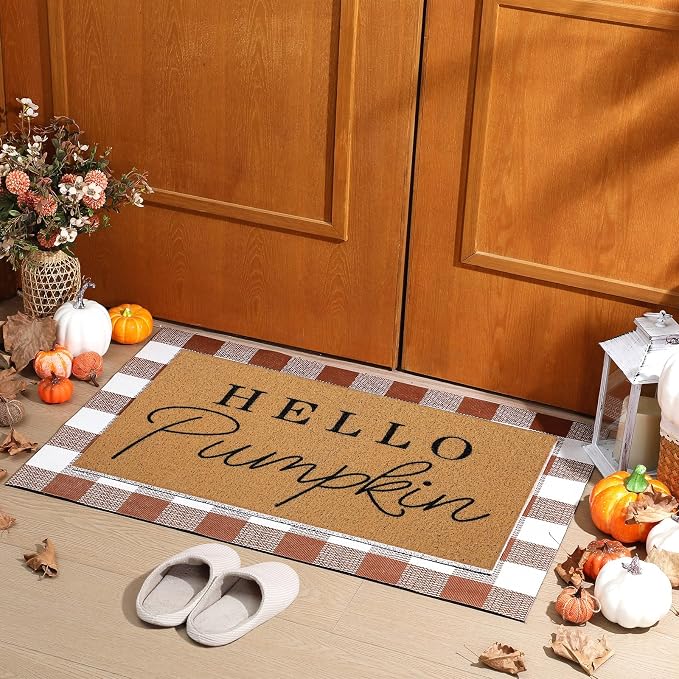 Tinideya 2 Pcs Door Mat Welcome Non Slip Coir Mats Floor Layering Doormats Seasonal for Front Porch Entryway Decor(Brown White Plaid)