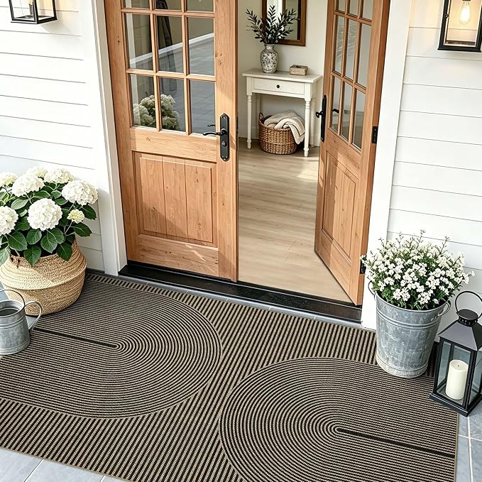Non-Slip Jute Rug for Entryway: 3x5 Outdoor Mat - Black Curve Pattern | Safe Walking for Family All Day and Help with Cutting Slip Falls by 70%