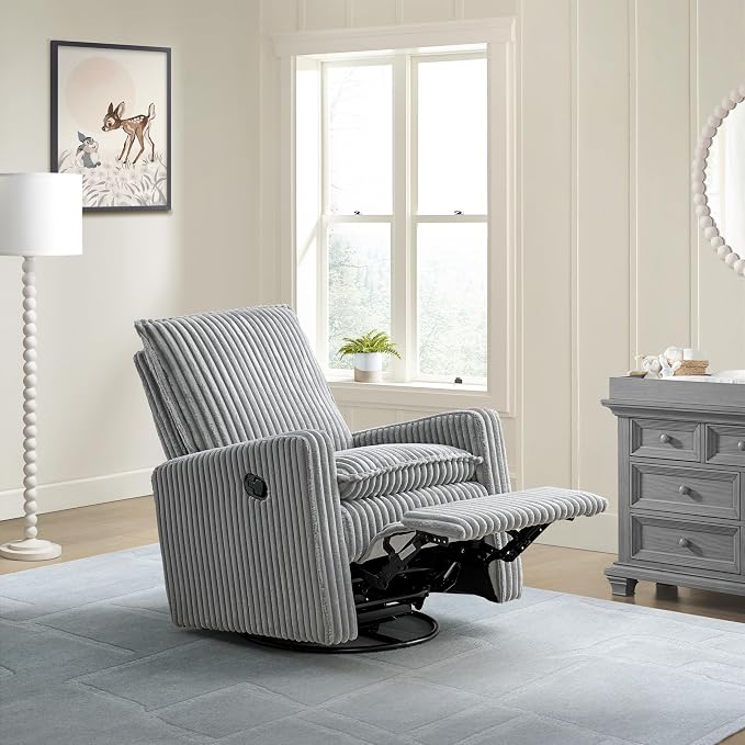 Oxford Baby Uptown Upholstered Glider Recliner Rocking Chair 360° Swivel for Nursery and Living Room - Corduroy Ash Gray, Green Guard Gold Certified