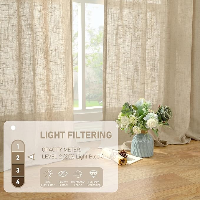 LAMIT Brown Linen Curtains 24 Inch Length, Semi Sheer Light Filtering Window Panels Back Tab and Rod Pocket Drapes for Basement/Small Windows, 25 x 24 Inch, 2 Panels