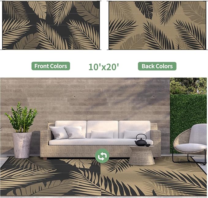 GENIMO Outdoor Rug, Waterproof Plastic Rugs 10'x20' for Camping Black Brown | Outside Larger Leaf Carpet Mat for Patio Decor, RV, Porch, Camper, Deck, Picnic, Beach, Backyard, Reversible, Foldable