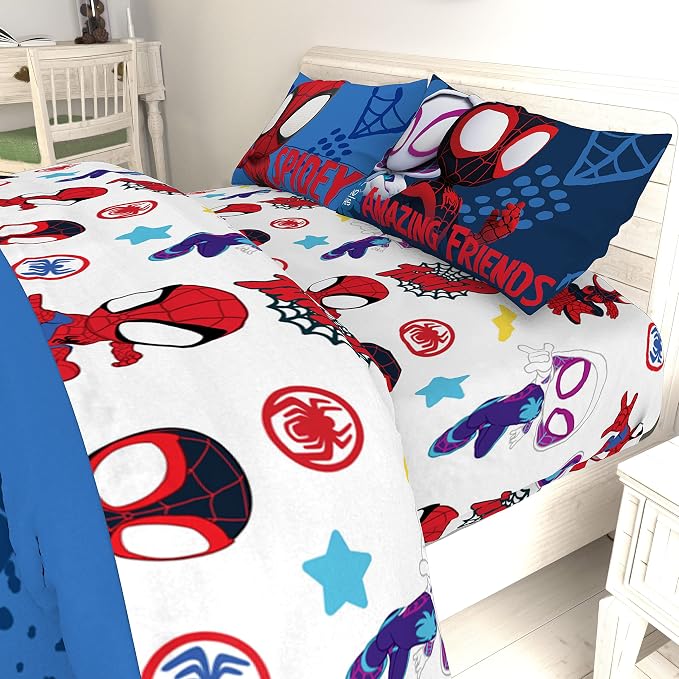 Jay Franco Kids Sheet Set with Fitted, Flat Sheets & Pillow Cover - Ultra-Soft Bedding with Pillowcase for Room Decor, White - Spidey & Friends, 4 Piece Full