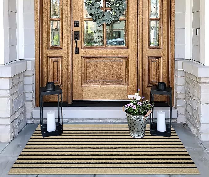 Black Khaki Striped Rug -2.3'x3.6' Front Door Mats Outdoor,Small Washable Throw Rug for Front Porch, Spring Welcome Mats Outdoor Indoor Doormat for Entryway Porch Entrance