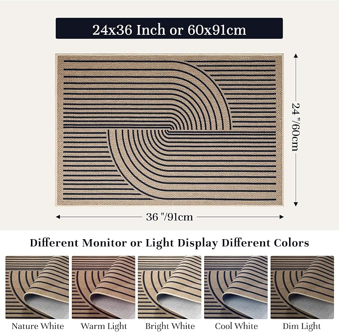 EDIMENS Easy Jute 2x3 Entryway Rug Door Mat Small Entry Rugs Indoor Outdoor | Non Slip Washable Rainbow Area Rug Farmhouse Low Pile Black Indoor Outdoor Doormat for Entrance Porch Doorway
