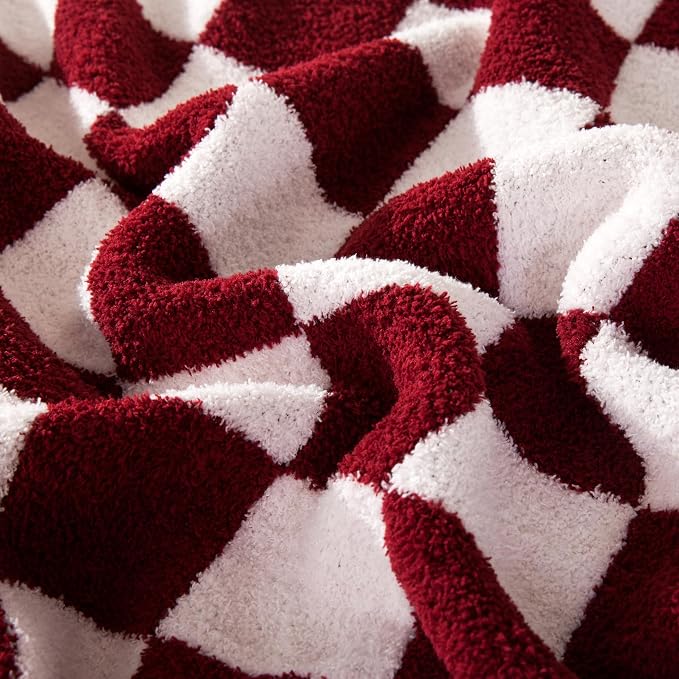 Elegant Comfort Checkered Throw Blanket, Burgundy Super Soft Cozy Fluffy Warm Throw Blankets for Couch, Sofa, Chair, Bed, Camping, Picnic, Travel Lightweight Bed Blanket (50" x 70")