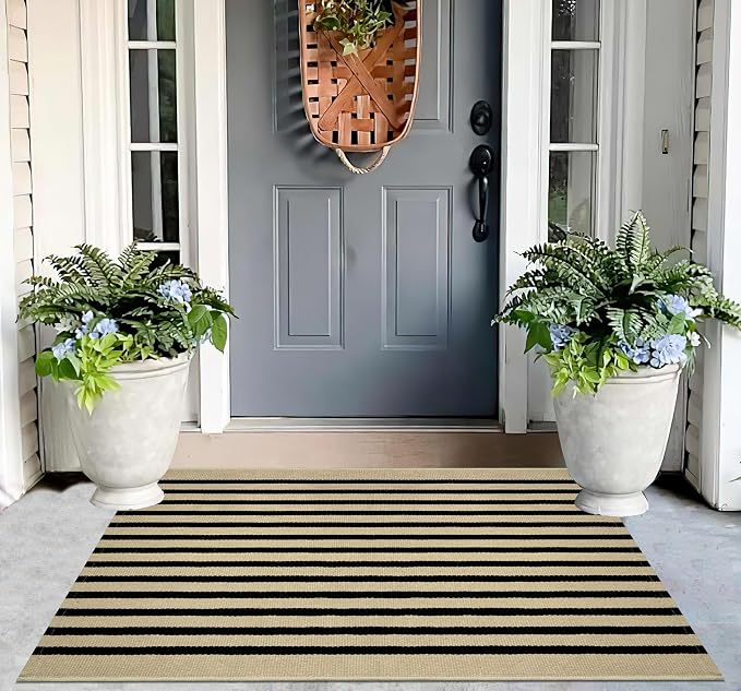 Layered Doormat 2.3'x3.6,Black and Tan Machine Washable Porch Rug Cotton Woven Striped Farmhouse Small Area Rug for Porch/Home Entrace Decor/Bedroom/Layered Door Mats