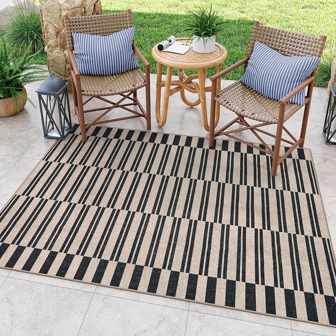 Lahome Striped Easy Jute Outdoor Patio Rug, 5x7 Dining Room Washable Rugs | Living Room Area Rug Black, Modern Farmhouse Neutral Non Slip Non Shedding Carpet for Porch Deck Classroom Entryway Office