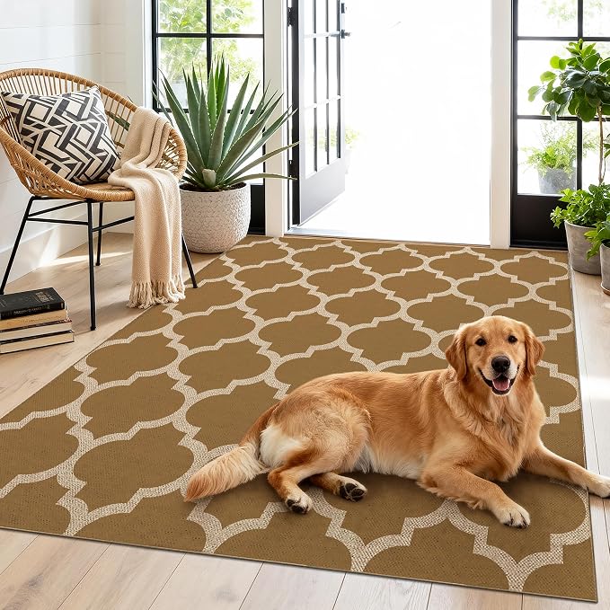 Washable 3x5 Moroccan Trellis Easy Jute Rug, Khaki Neutral Boho Outdoor Indoor Patio Small Area Rugs, Woven Ultra Thin Non Slip Carpet Door Mat for Entryway Front Door Porch Backyard Kids Playroom