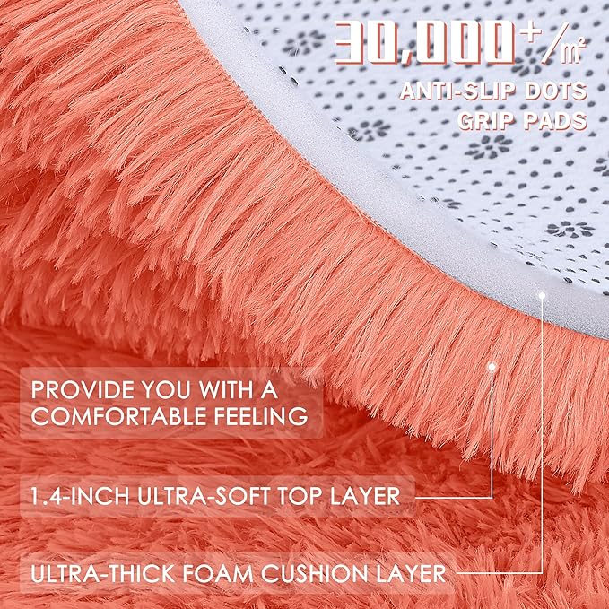 OLANLY Coral Red Round Rugs for Bedroom - Machine Washable, 7 ft Circle Area Rugs for Living Room, Soft and Fluffy Shaggy Carpet for Teen Girl and Boys, Nursery Rooms, Dorms, Home Decor Aesthetic