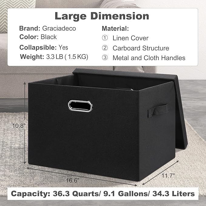 Graciadeco Large 17" 36 Quart Collapsible Stackable Storage Bins with Lids, 3 Packs Black Linen Fabric Closet Boxes with Lids, Storage Cube Baskets Container Organizers for Bedroom Office(17 x12 x11) | 36 Quart 3 Pack Black Collapsible Stackable Linen ...