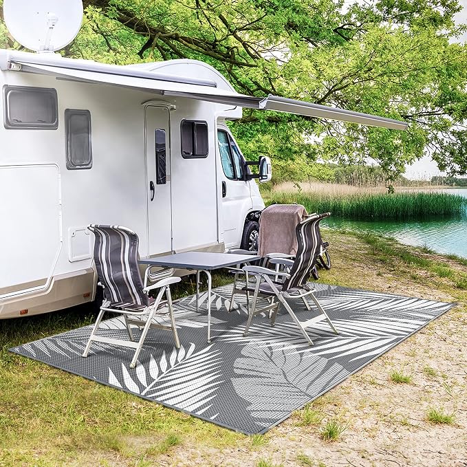GENIMO Outdoor Rug, Waterproof Plastic Rugs 8'x16' for Camping Grey White | Outside Larger Leaf Carpet Mat for Patio Decor, RV, Porch, Camper, Deck, Picnic, Beach, Backyard, Reversible, Foldable