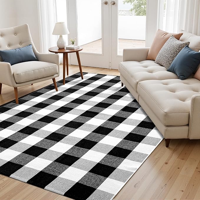 joybest Buffalo Plaid Rug 5 x 7 ft Black and White Checkered Area Rug Cotton Hand-Woven Indoor Outdoor Rugs Carpet for Patio, Living Room, Dining Room, Bedroom
