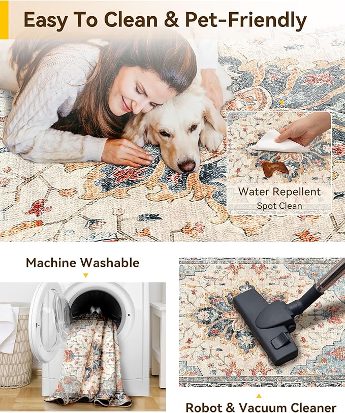 RELEANY Area Rugs 6'x9' Washable Non-Slip, Floral Vintage Distress Print Pattern Medallion Carpet for Living Room Bedroom Dining Room, Beige Navy Blue Orange Colorful