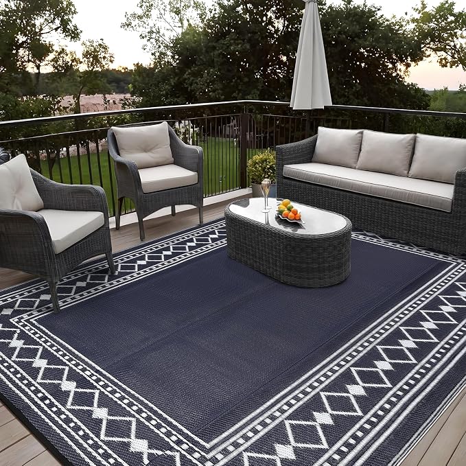 Waterproof Reversible Outdoor Rug – Durable Plastic Straw Patio Mat, Easy-Clean, Carry Bag & Stakes – Modern Geometric Edge, 9x12ft, Black Blue/White – Specification