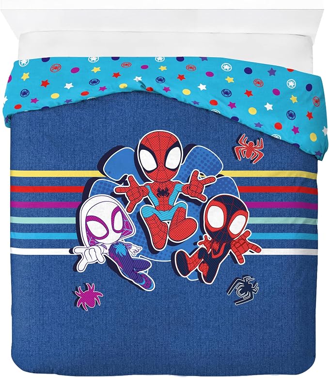 Jay Franco Duvet Cover Set – 3 Piece Comforter Cover and Sham Set, Super Soft Cozy Kids Bedding (Insert Not Included) Blue - Spidey & Friends, Full