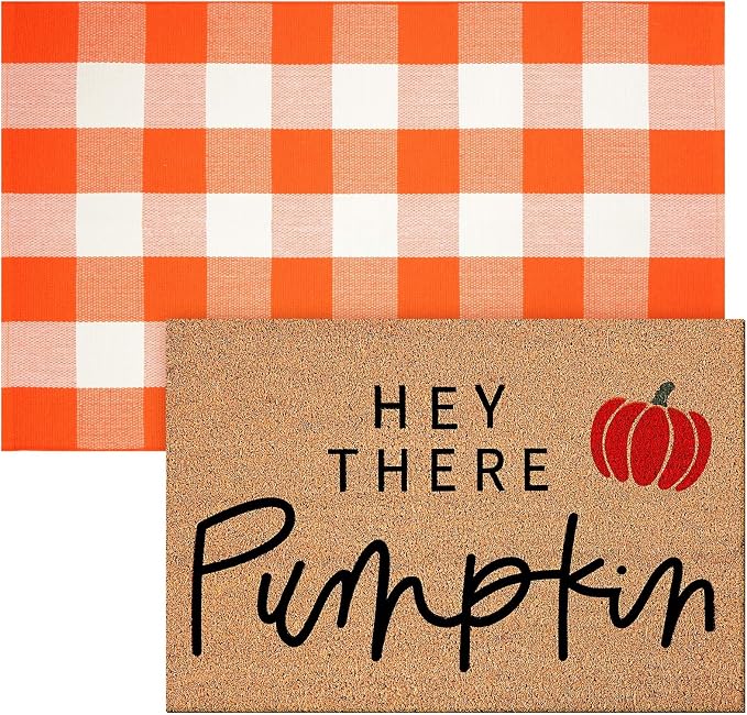 2 Pcs Fall Coir Doormat Outdoor Hey There Pumpkin Welcome Outdoor Mat Thanksgiving Front Proch Rugs Layered Buffalo Plaid Mats for Autumn Front Porch Entryway Decor