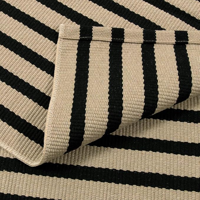 LEEVAN Black and Tan Striped Outdoor Rug, 2 x 3 Small Cotton Front Porch Rug Washable Front Door Mat Outside Entrance, Woven Reversible Welcome Mat Modern Outdoor Entry Layering Rug for Bathroom
