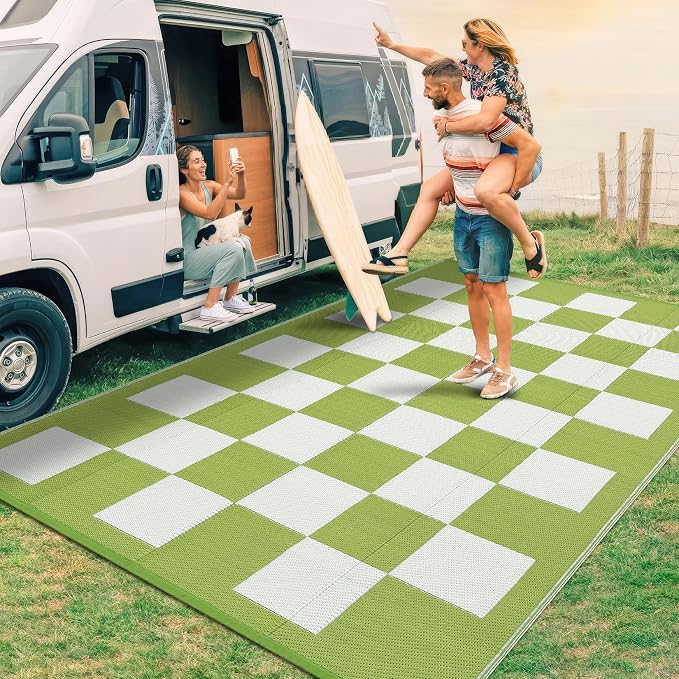 GarveeHome Waterproof Outdoor Rug 9 x 12 Large Modern Checkboard Plastic Straw Rug, Foldable Reversible Camping Mat, UV-Resistant Geometric Plaid Woven Carpet for Picnic, Deck, Green White