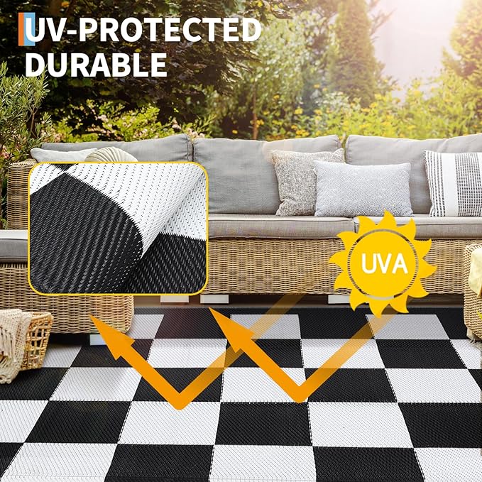 GarveeHome Outdoor Rug 8 x 10 Waterproof Checkboard Woven Carpet, Large Reversible Plastic Straw Rug, Foldable Modern Geometric Plaid Outside Camping Rug for Picnic, Backyard, Deck, Black White
