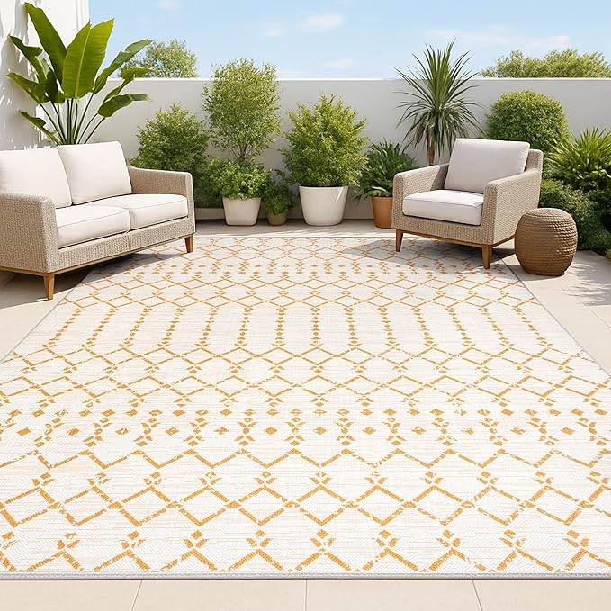 JONATHAN Y Moroccan Geometric Indoor Outdoor Area Rug 9X12 Cream/Orange, Ourika Textured Weave for Backyard, Patio, Porch, Easy-Cleaning, High Traffic, Pet-Friendly, Non-Shedding (SMB108O-9)