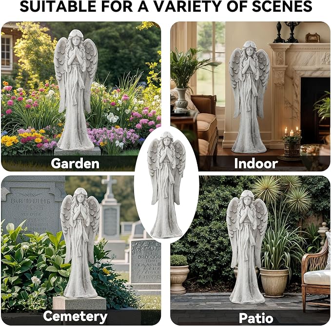 Praying Angel Statue Outdoor, Large Standing Garden Decor Figurine | Catholic Sculpture for Yard, Patio, or Cemetery. Memorial Guardian Angel Figurine for Outside and Indoor Display