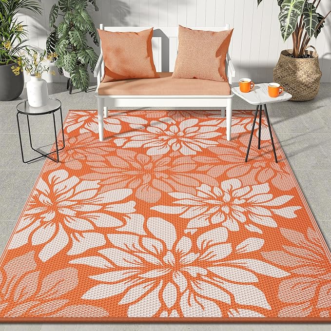 GENIMO Outdoor Rug, Waterproof Plastic Rugs for Patio, 6'x9' Orange Beige | Outside Larger Leaf Carpet Mat for Porch Decor, Deck, Balcony, Camping, RV, Backyard, Picnic, Beach, Reversible, Foldable