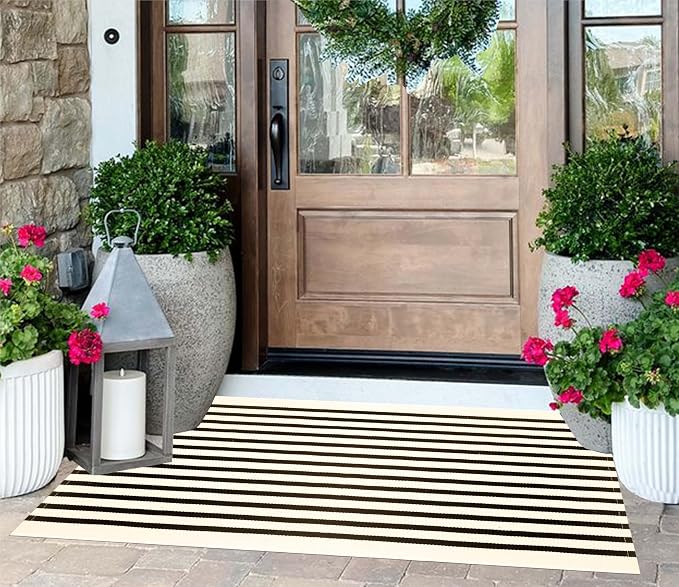 Striped Outdoor Rug 24"x51",Black and Beige Front Door Mat Cotton Woven Washable Farmhouse Layered Door Mats Throw Rugs for Porch/Bedroom/Home Entrance Decor