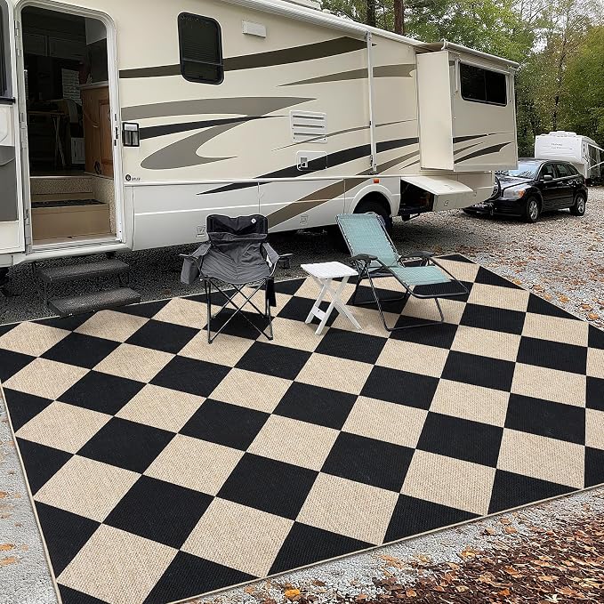 GarveeHome Checkered Easy Jute Area Rug 10x13 Machine Washable Non-Slip Stain Resistant Indoor Outdoor Rugs for Living Room, Bedroom, Kitchen, Dining, Patio Farmhouse Style Black