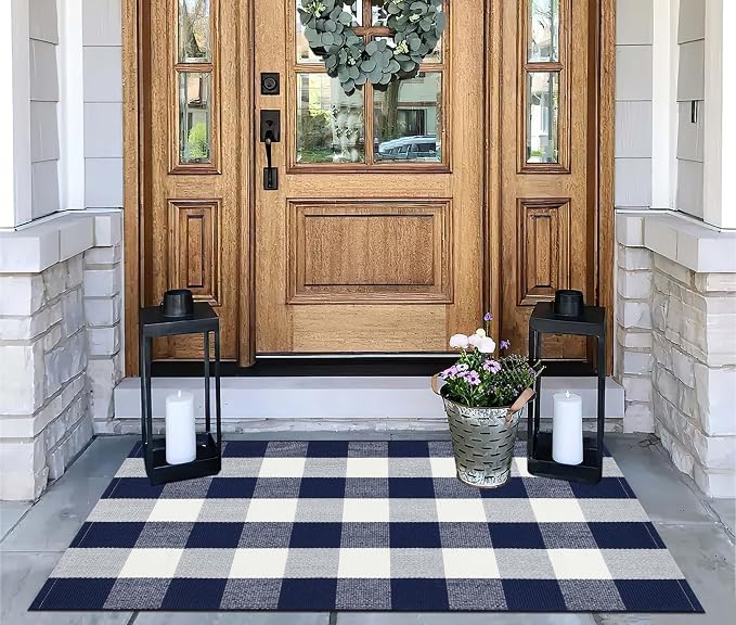 Blue and White Checkered Outdoor Rug 27.5''x 43.3''Buffalo Plaid Layered Doormat Woven Machine Washable Farmhouse Door Mats Outdoor for Hello/Welcome Mat,Entryway,Bedroom,Patio