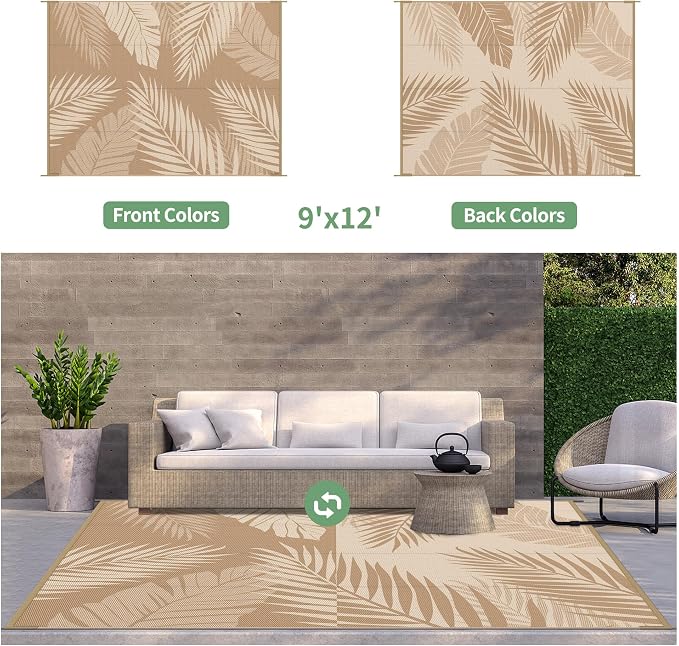 GENIMO Outdoor Rug, Waterproof Plastic Rugs for Patio, 9'x12' Brown Beige | Outside Larger Leaf Carpet Mat for Porch Decor, Deck, Balcony, Camping, RV, Backyard, Picnic, Beach, Reversible, Foldable