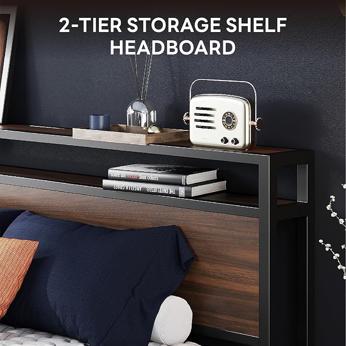 LIKIMIO Queen Bed Frame with 2-Tier Storage Shelf Headboard | Dark Wood Platform Bed, Camas Queen with Strong Metal Supports, Sturdy, Noise-Free, No Box Spring Needed, Dark Walnut