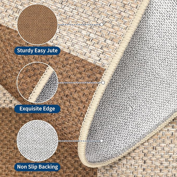 GarveeHome Checkered Easy Jute Area Rug 10x13 Machine Washable Non-Slip Stain Resistant Indoor Outdoor Rugs for Living Room, Bedroom, Kitchen, Dining, Patio Farmhouse Style Brown
