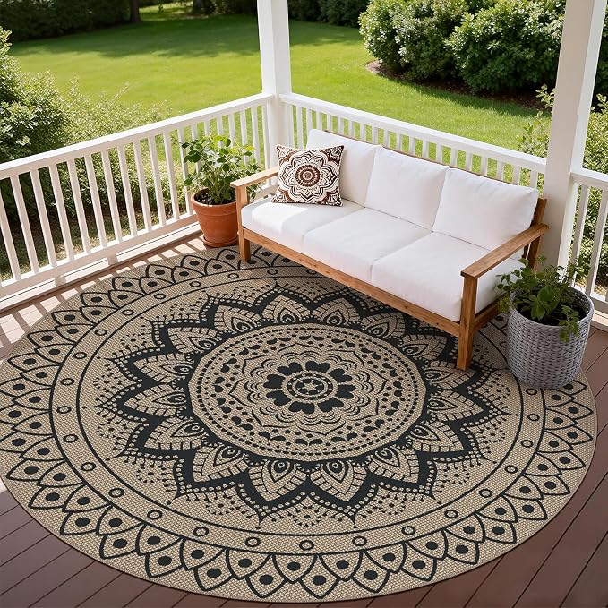 Faux Jute Outdoor Round Rug, 8ft Washable Indoor Outdoor Patio Rug, Black Non Slip Round Area Rug Farmhouse, Boho Carpet for Backyard Patio