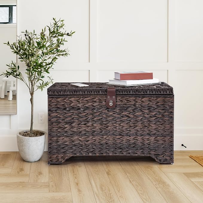 165L Handwoven Wicker Storage Basket with Lid, Large Storage Trunk | Leather Buckle Closure; Waterproof PP Wicker; Large Metal Ring Handles; Reinforced Steel Frame