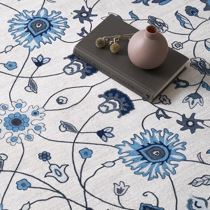EVERGRACE Area Rugs for Living Room 9x12, Boho Floral Faux Wool Indoor Outdoor Rugs, Washable Rugs for Bedroom Dining Room Entryway Kitchen, Low Pile Floor Mat Carpet for Home Decor, Porcelain Blue