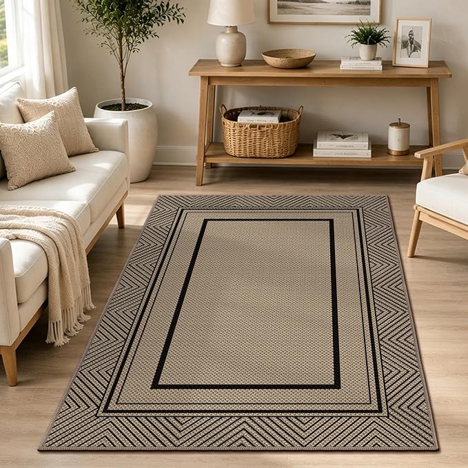 Capslpad Faux Jute 3x5 Area Rug, Geometry Line Patio Rug, Washable Front Porch Rug, Farmhouse Non-Slip Entryway Rugs for Indoor Outdoor, Black