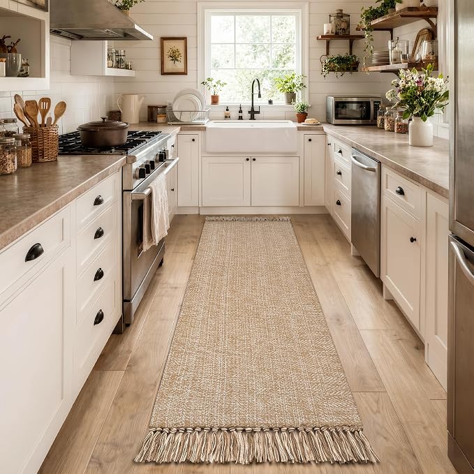Collive Long Hallway Runner Rug 2.6' x 10', Washable Runner Indoor Entryway Rug, Tan/Cream Braided Woven Kitchen Runner Rugs Low-Profile Front Door Floor Carpet for Laundry Room Bedroom Doorway