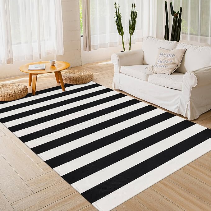 Black and White Striped Rug 4x6 Cotton Woven Farmhouse Indoor Outdoor Area Rug Washable Front Porch Decor Carpet for Living Room Bedroom Dining Room Patio