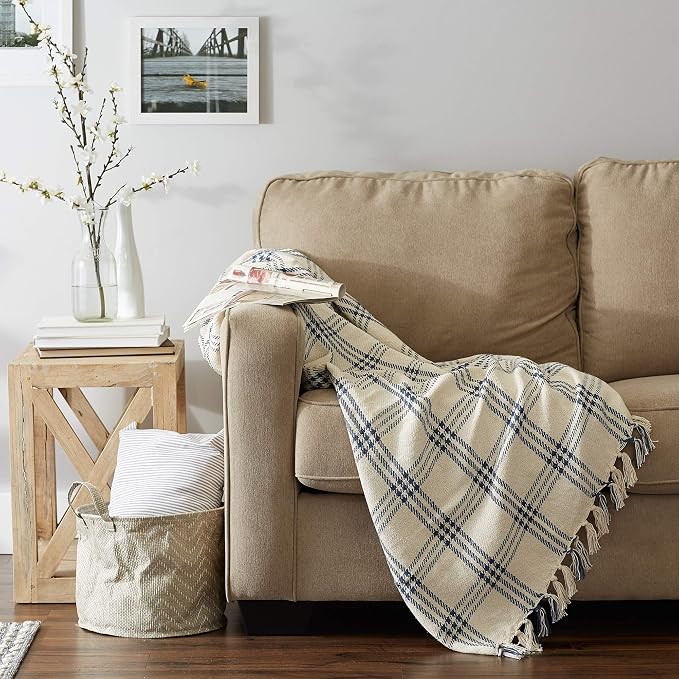 DII Modern Farmhouse Plaid Collection Cotton Fringe Throw Blanket, 50x60, White/French Blue