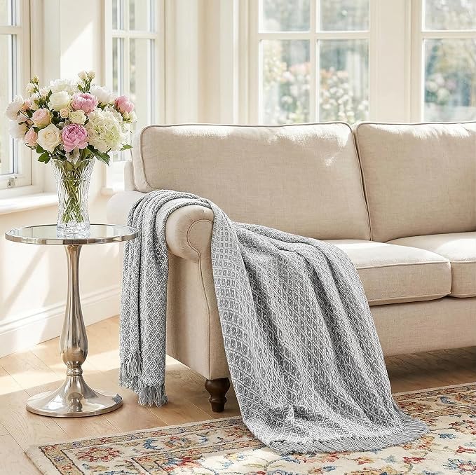 Americanflat 50x60 Throw Blanket - Soft and Breathable Cotton Throw Blanket for Couch, Bed, Chair - Decorative Blankets Perfect for Home, Office, or Outdoor Use - Grey and White Mini Diamond Design