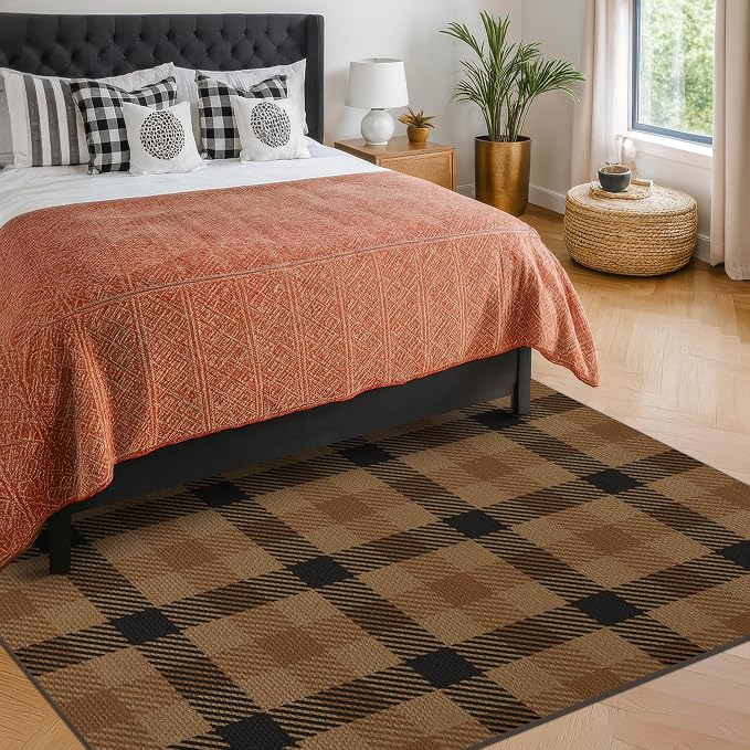 5x7 Farmhouse Mudroom Rug – Washable Non Slip Large Entryway Area Rug for Back Door, Garage Entrance, Durable Indoor Outdoor Style Plaid Rug for Kitchen Dining Room, Black and Tan