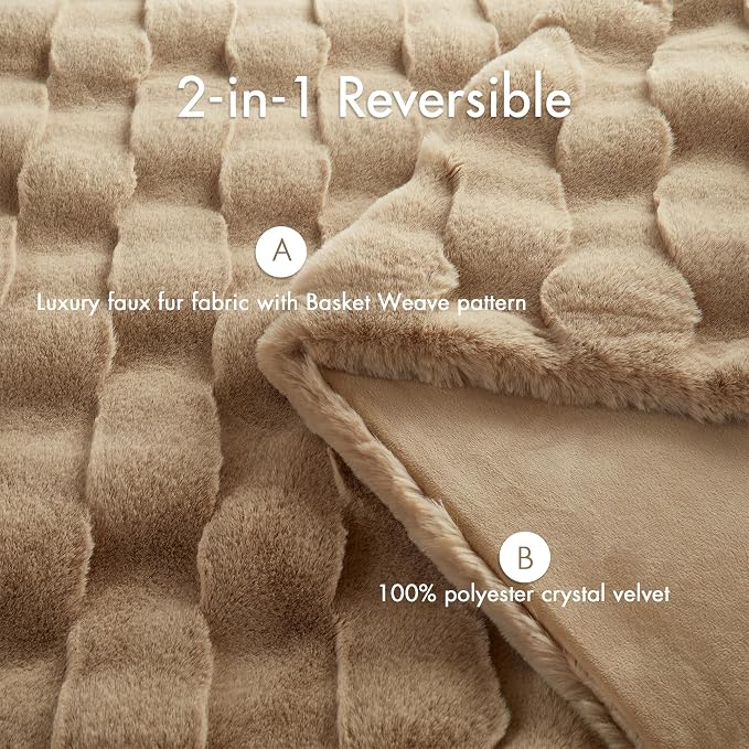 Madison Park Vivienne Faux Fur Throw Blanket Velvet, 50 x 60, Tan | All Season, Cozy Warmth for Sofa or Bed, Reversible, Lightweight, OEKO-TEX Certified