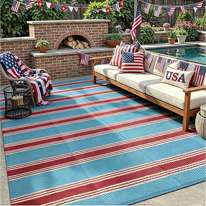 Lahome Striped Waterproof Outdoor Rug 8x10 Patio, Reversible Patriotic Outdoor Camping Rug Plastic Straw, RV Patio Rugs Carpet for Patriotic Decor Porch Deck Backyard(Blue/Red,8'x 10')