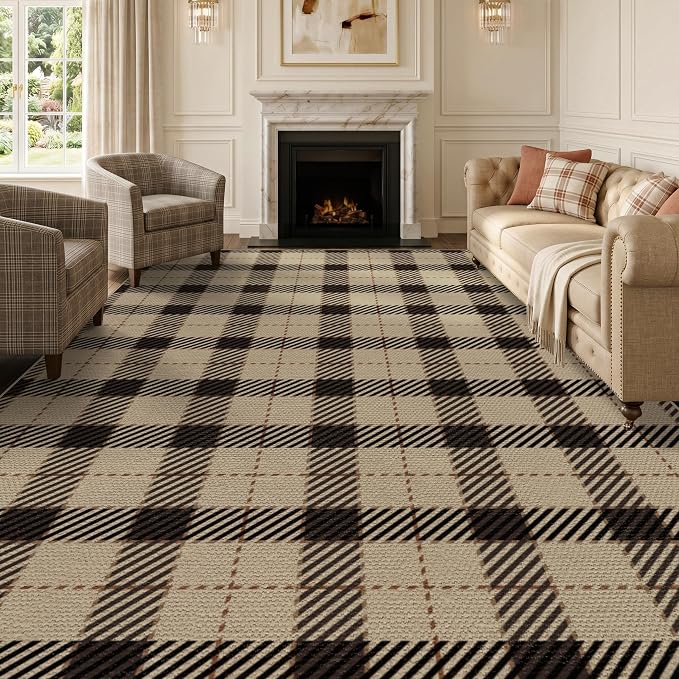 JTJ 8x10 Washable Outdoor Rug for Patio - Low Pile Easy Jute Plaid Area Rug for Porch, Deck, Backyard, Non-Slip Foldable Farmhouse Buffalo Check Carpet, Black & Beige