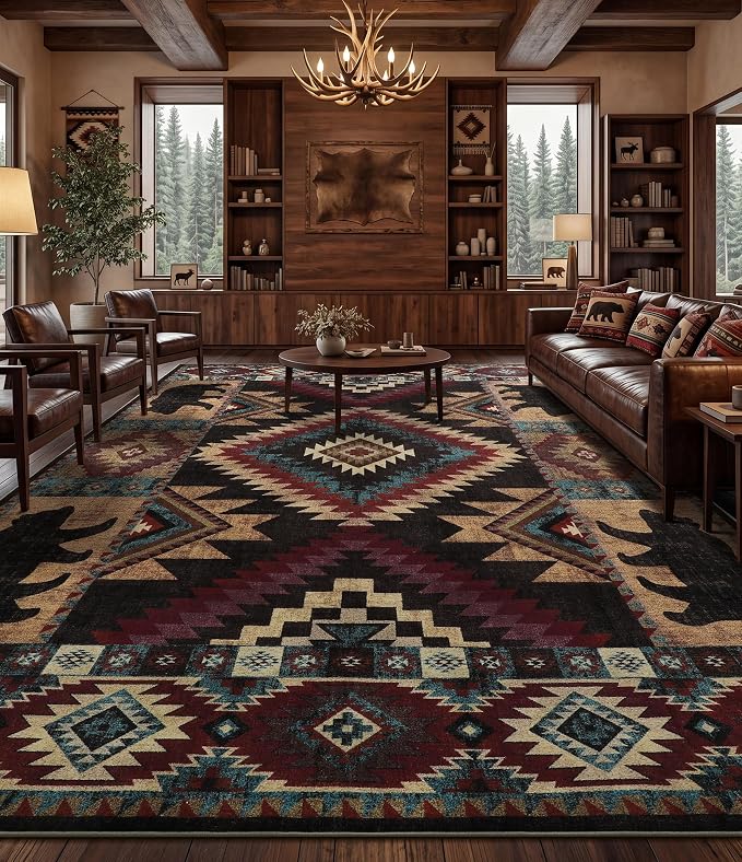 YIHOUSE Rustic Cabin Area Rug 10x14, Lodge Wildlife Bear Washable Large Area Rug, Southwestern Rustic Rugs for Living Room