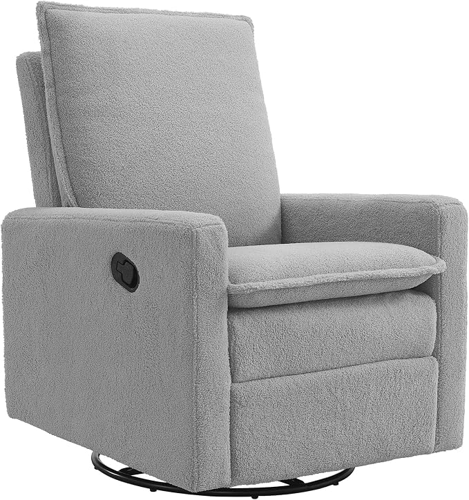 Oxford Baby Uptown Upholstered Glider Recliner Rocking Chair 360° Swivel for Nursery and Living Room - Boucle Koala Gray, Green Guard Gold Certified