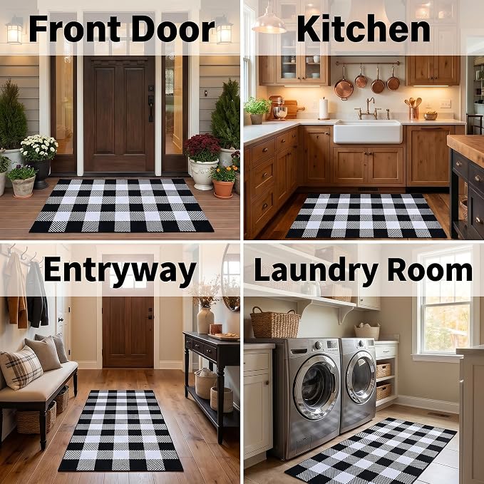 Black and White Buffalo Plaid Rug 3'x5', Machine Washable Layering Mat for Front Door, Entryway, Kitchen, Indoor Outdoor Low Profile Cotton Woven Check Rug