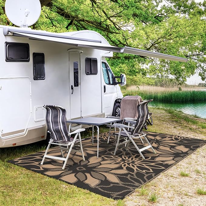 GENIMO Outdoor Rug, Waterproof Plastic Rugs for Patio, 5'x8' Brown | Outside Larger Leaf Carpet Mat for Porch Decor, Deck, Balcony, Camping, RV, Backyard, Picnic, Beach, Reversible, Foldable