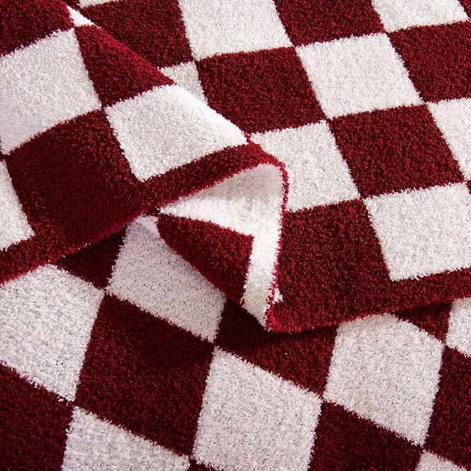 Elegant Comfort Checkered Throw Blanket, Burgundy Super Soft Cozy Fluffy Warm Throw Blankets for Couch, Sofa, Chair, Bed, Camping, Picnic, Travel Lightweight Bed Blanket (50" x 70")